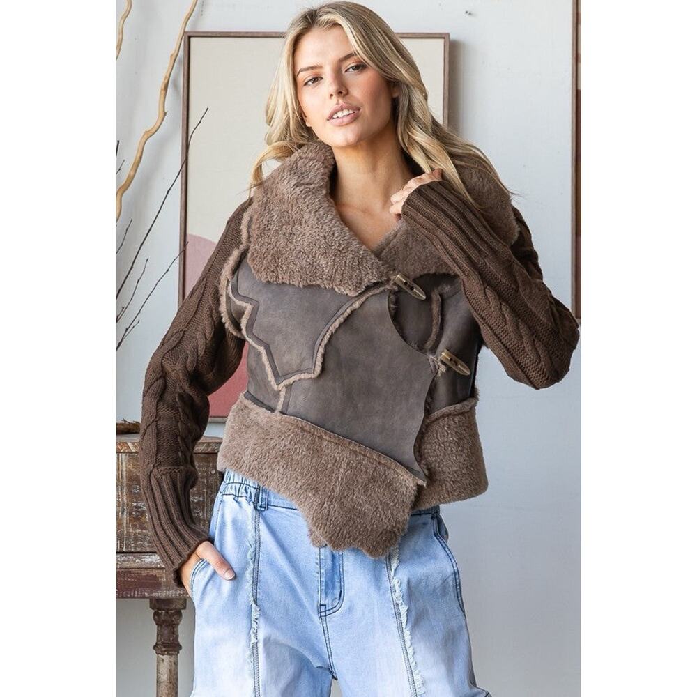 Oli & Hali Patchwork Faux Shearling Fur Knit-Sleeve Jacket Multiple Sizes Brown